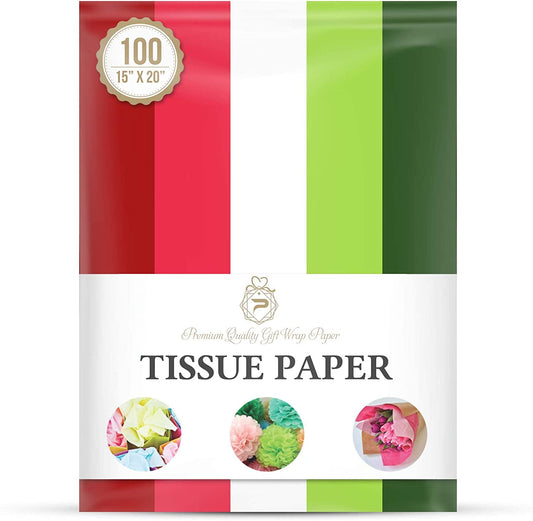 Christmas Theme Tissue Paper for Gift Wrapping (5 Assorted Colors), Packaging, Floral, Birthday, Christmas, Halloween, DIY Crafts and More 15" X 20" 100 Sheets