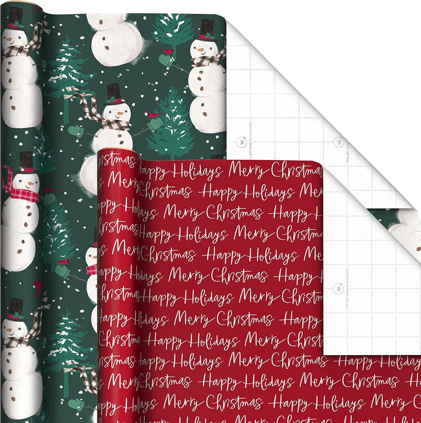 Rustic Recyclable Christmas Wrapping Paper (6 Rolls: 180 Sq. Ft. Total) Red, White and Hunter Green Plaid, Poinsettias, Snowflakes, "Merry Christmas," Snowman, Santa