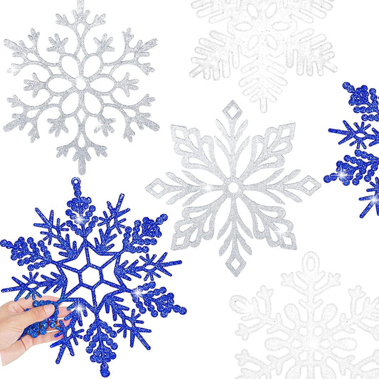 10 Pieces Large Snowflakes Ornaments 12'' Glittered Snowflakes Decorations Christmas Hanging Snowflake Decorations for Winter Christmas Tree Decorations Craft Snowflakes (Blue, Silver, White)