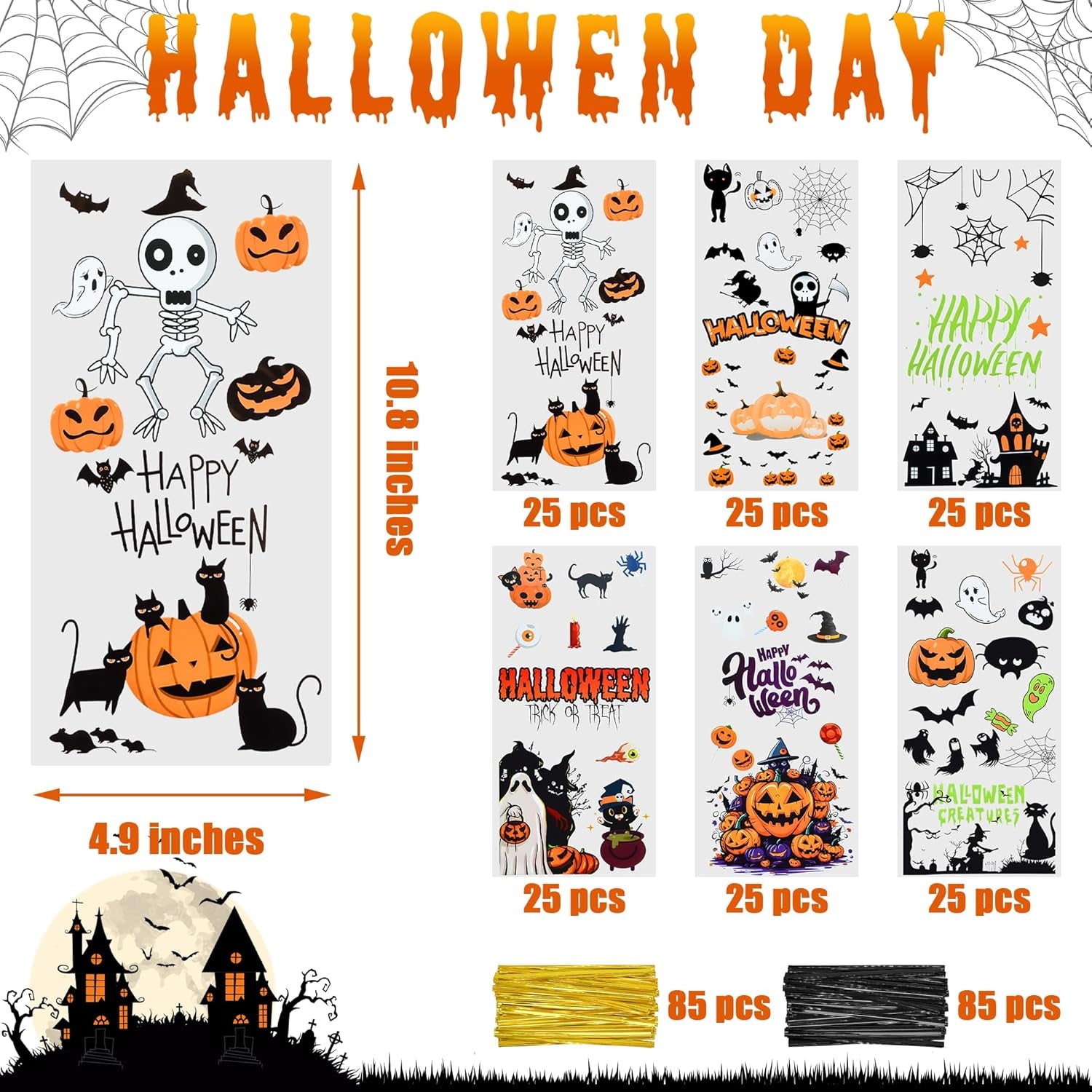 150 Pcs Halloween Cellophane Treat Bags, Halloween Trick or Treat Goodie Bags with 170 Pcs Twists for Snacks Cookies Packing (10.8 X 4.9 Inches)