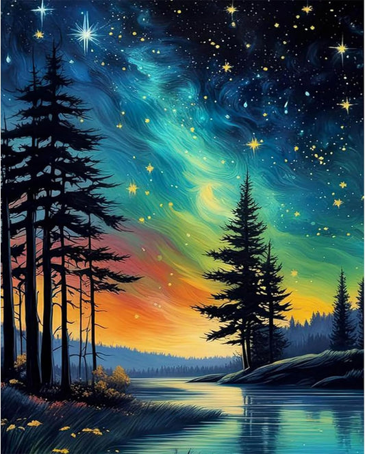 Starry Sky Paint by Numbers for Adults-Starry Night Paint by Number on Canvas without Frame,Diy Abstract Landscape Oil Painting for Gift Home Wall Decor(16X20Inch)