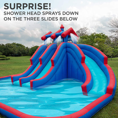 Mega Sport Inflatable Water Triple Slide Park – Heavy-Duty for Outdoor Fun - Climbing Wall, 3 Slides & Splash Pool – Easy to Set up & Inflate with Included Air Pump & Carrying Case