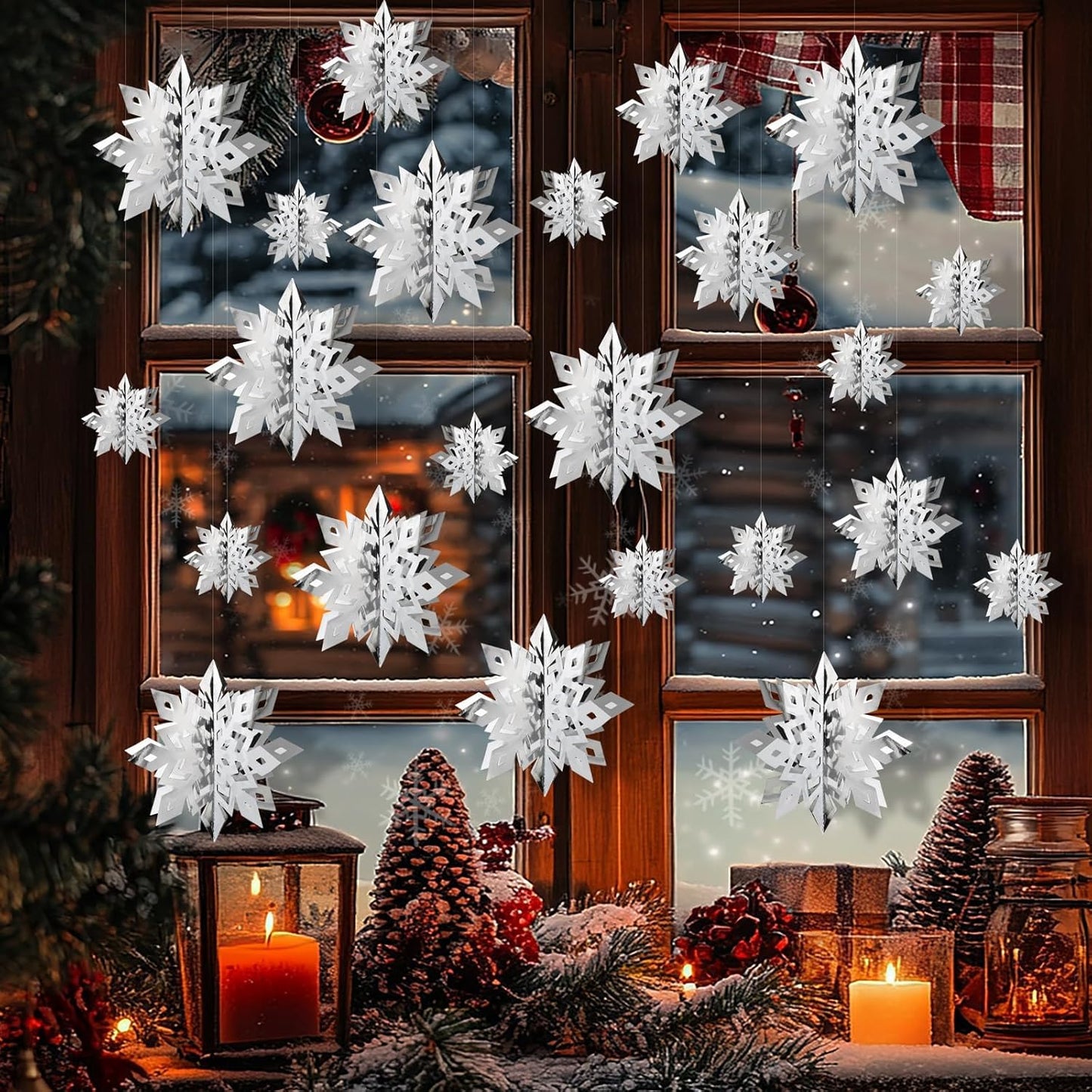 Christmas Snowflake Decorations Indoor, 24PCS 3D Paper Snowflakes Hanging Ornaments Snowflake Garlands for Xmas Christmas Tree Winter Wonderland New Year Party Home Decorations