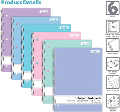 Spiral Notebooks, 6 Pack, 1 Subject, 70 Sheets, 10.5 X 8 Inches, 6 Assorted Pastel Colors (College Ruled)