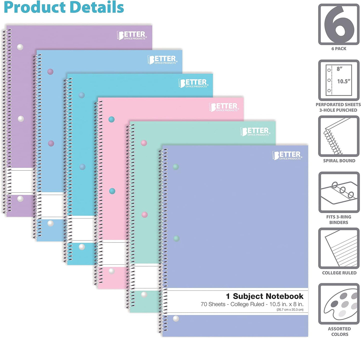 Spiral Notebooks, 6 Pack, 1 Subject, 70 Sheets, 10.5 X 8 Inches, 6 Assorted Pastel Colors (Wide Ruled)
