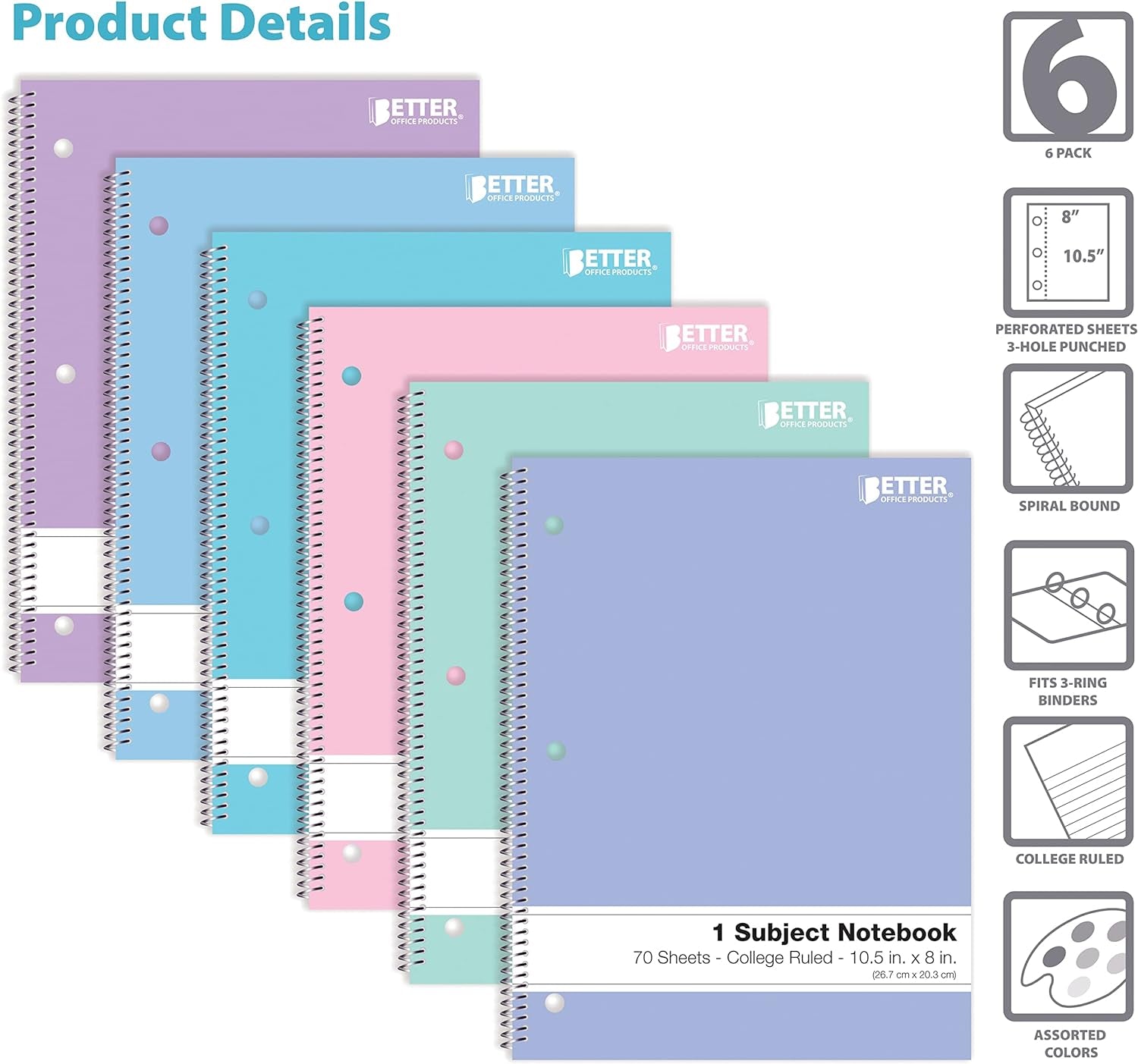 Spiral Notebooks, 6 Pack, 1 Subject, 70 Sheets, 10.5 X 8 Inches, 6 Assorted Pastel Colors (Wide Ruled)