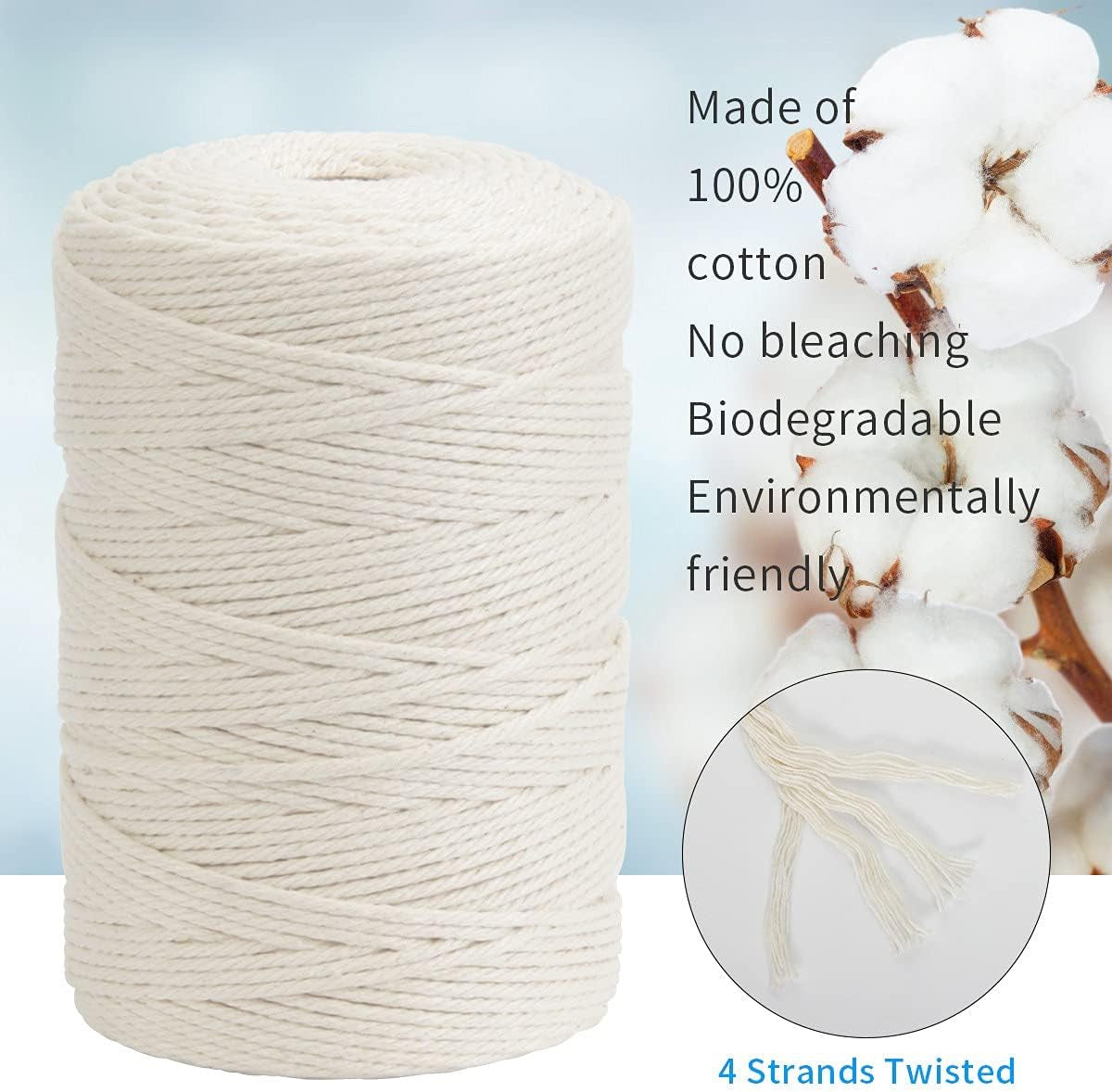 Macrame Cord,  100% Natural Cotton Rope 3Mm X 328 Yards 4 Strand Twisted Macrame Rope Cotton Twine String for DIY Crafts Knitting Dream Catcher Plant Hanger Wedding Decor