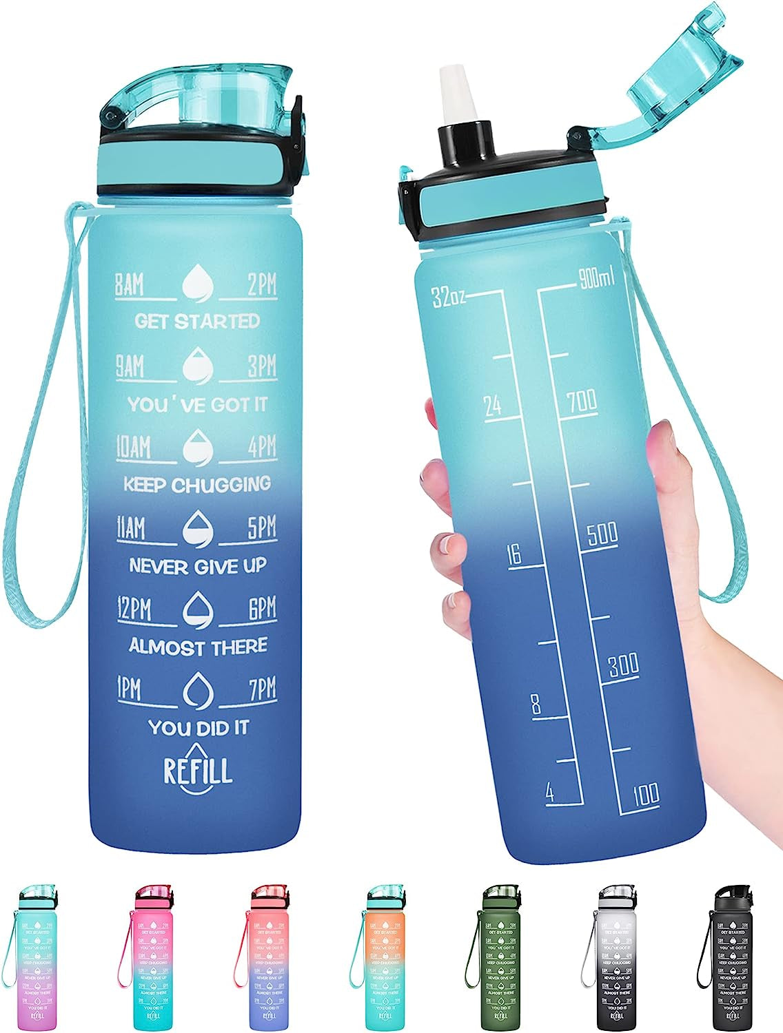 32 Oz Water Bottle, Leakproof BPA & Toxic Free, Motivational Water Bottle with Times to Drink and Straw, Fitness Sports Water Bottle with Strap for Office, Gym, Outdoor Sports, Gray-Black