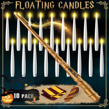 Halloween Floating Candles 18 Pcs - Magical Flameless Candles with Wand Flickering Warm Lights Ideal for Indoor Window Bedroom Halloweencosplay Birthday Theme Party Decor