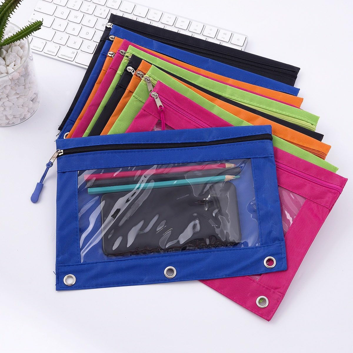 Binder Pencil Pouches, Pencil Pouch for 3 Ring Binder with Zipper Pulls, Clear Window Pencil Case for Binder, Zipper Pencil Pouches with Rivet Enforced 3 Ring, 20 Pack, 10 Color