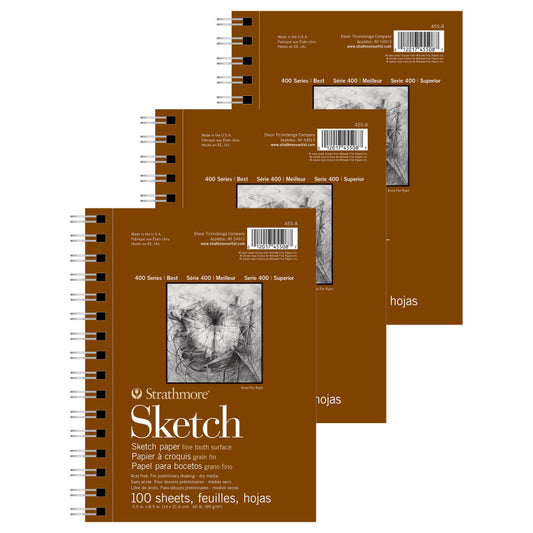 400 Series Sketch Pad, Side Wire Binding, 100 Sheet, 5.5x8.5 inch, Pack of 3