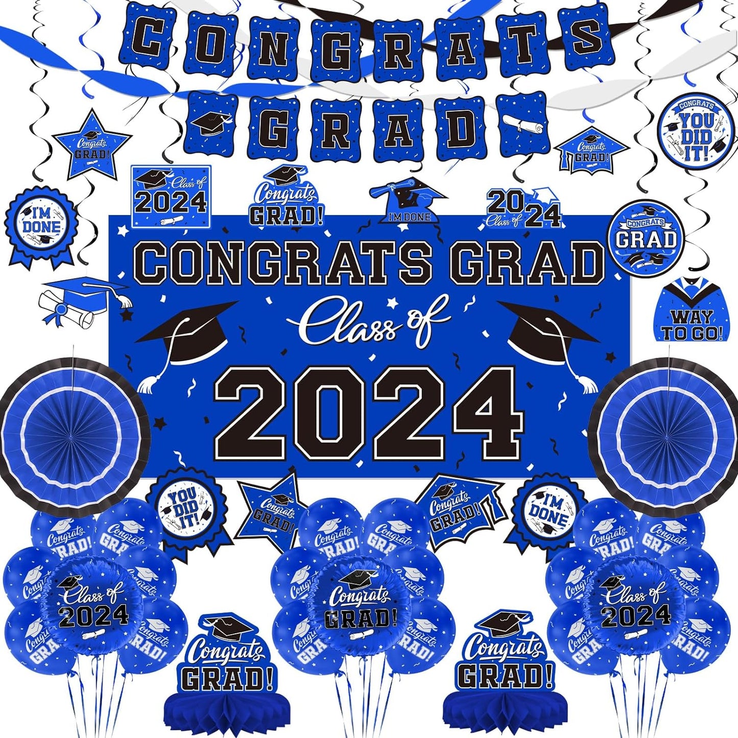 Blue Themed 2024 Graduation Decorations Set - Congrats Grad Banner, Class of 2024 Backdrop, Balloons & Streamers Kit - Complete Party Supplies for High School & College Celebrations