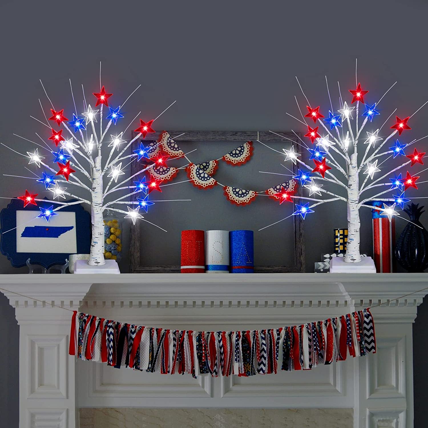 [Timer] 2 Pack 18 Inch 4Th of July Patriotic Decorations Tree Light with 24 LED Red White Blue Star Lights, Usb/Battery Operated Fourth of July Independence Day Lighted Tree for Home Table Party Decor