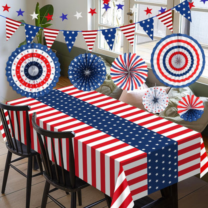 4Th of July Decorations Set, 9 Pcs Red White and Blue Paper Fans Patriotic Decor, USA Pennant Bunting,Star Streamers,Patriotic Tablecloth for Fourth of July Party Supplies, Memorial Day Decor
