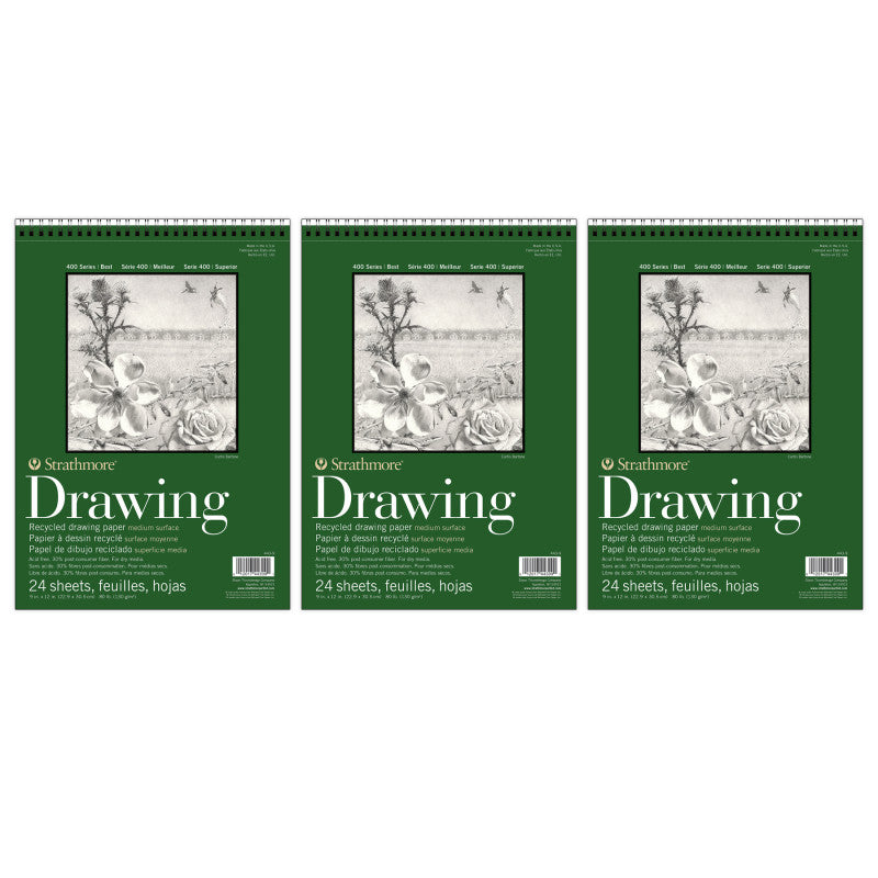 400 Series Drawing Pad, Recycled, Top Wire Binding, 24 Sheet, 9x12 inch, Pack of 3