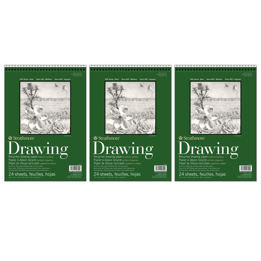 400 Series Drawing Pad, Recycled, Top Wire Binding, 24 Sheet, 9x12 inch, Pack of 3