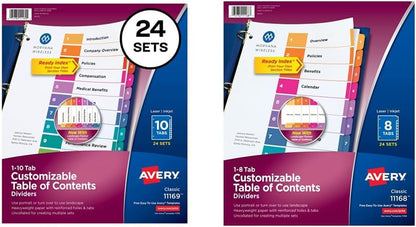 12 Tab Dividers for 3 Ring Binders, Customizable Table of Contents, Multicolor Tabs, 6 Sets (11196)