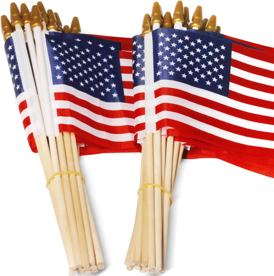 LOT of 50 - USA 4X6 in Wooden Stick Flag - July 4Th Decoration, Veteran Party, Grave Marker, Etc. - Handheld American Flag with Kid Safe Golden Spear Top (Pack of 50)