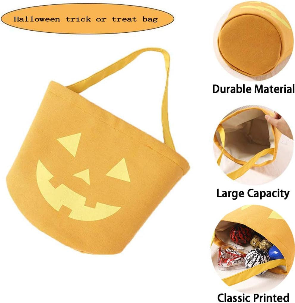 Halloween Trick or Treat Bag, Pumpkin Canvas Candy Tote Bucket Multipurpose Portable Collapsible Reusable Goody Bucket - Best Halloween Party Gifts