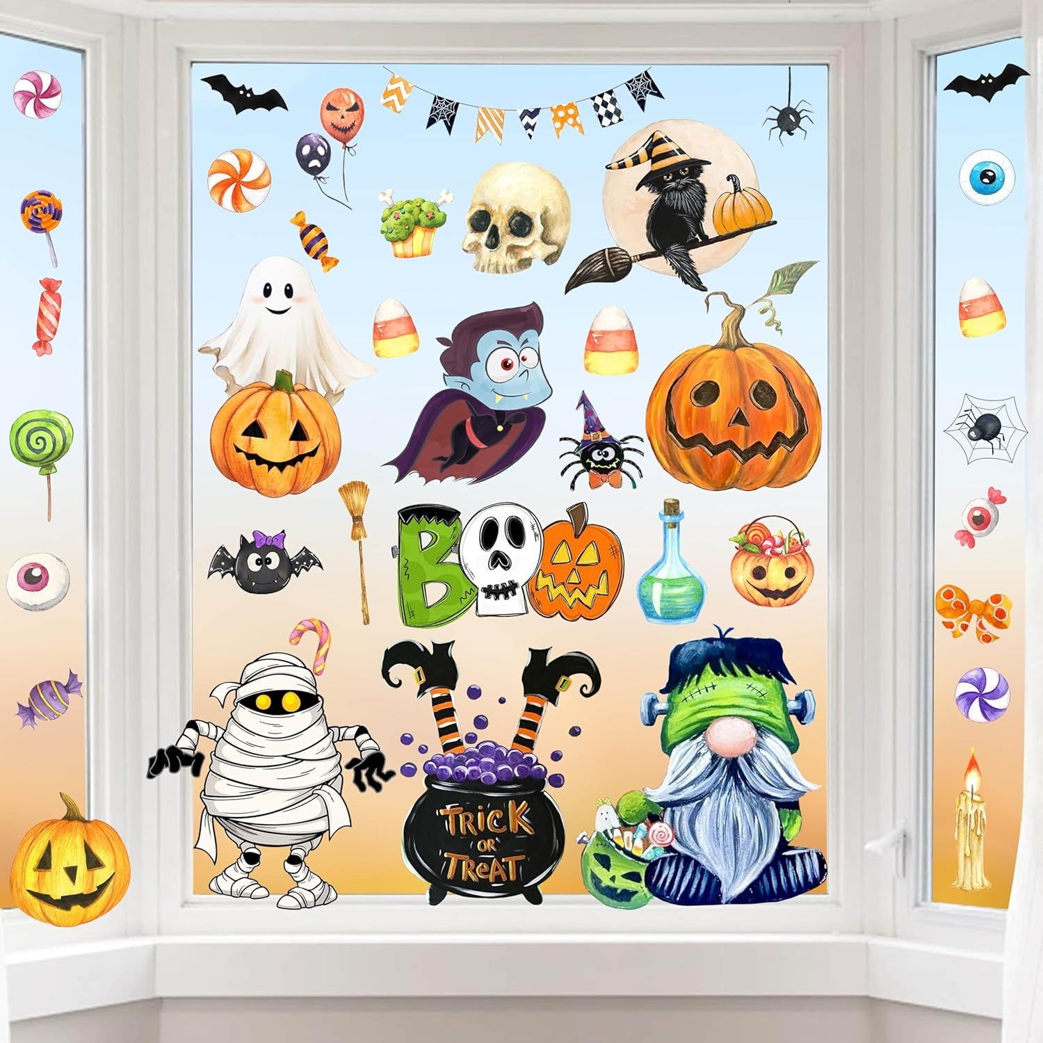 6 Sheets Halloween Window Clings Halloween Window Decorations Halloween Window Stickers Cute Oil Painting Window Decals for Halloween Home Indoor Wall Window Decor