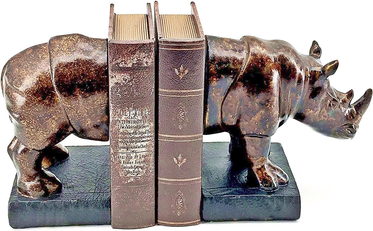 Rinocer Decorative Bookend the Cool Rhino Book Ends Retro Rustic Vintage Style Rino Statues Wildlife Jungle Animal Home Decor Bookshelves Golden Rhinoceros 7 Inch