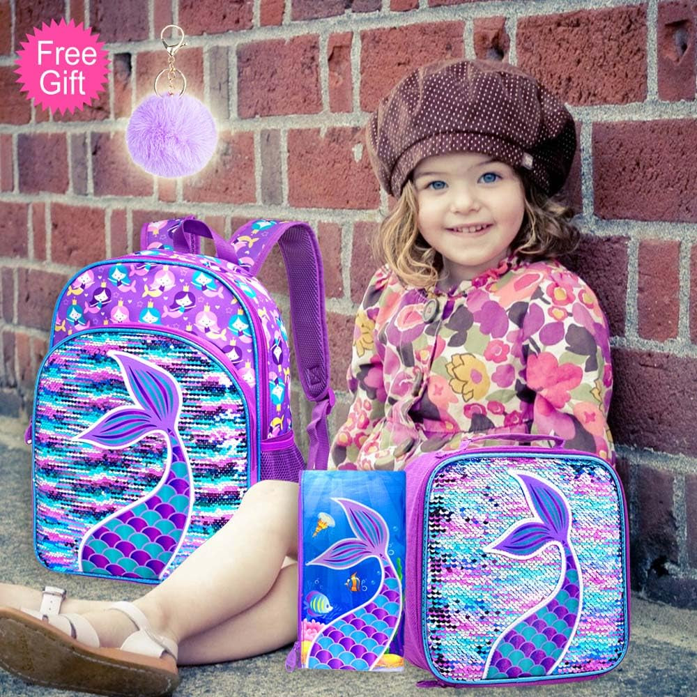 3PCS Kids Backpacks for Girls, 16" Little Kid Unicorn Sequin Preschool School Bookbags and Lunch Box