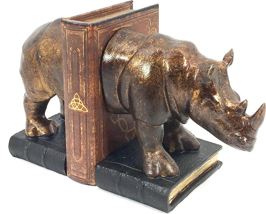 Rinocer Decorative Bookend the Cool Rhino Book Ends Retro Rustic Vintage Style Rino Statues Wildlife Jungle Animal Home Decor Bookshelves Golden Rhinoceros 7 Inch