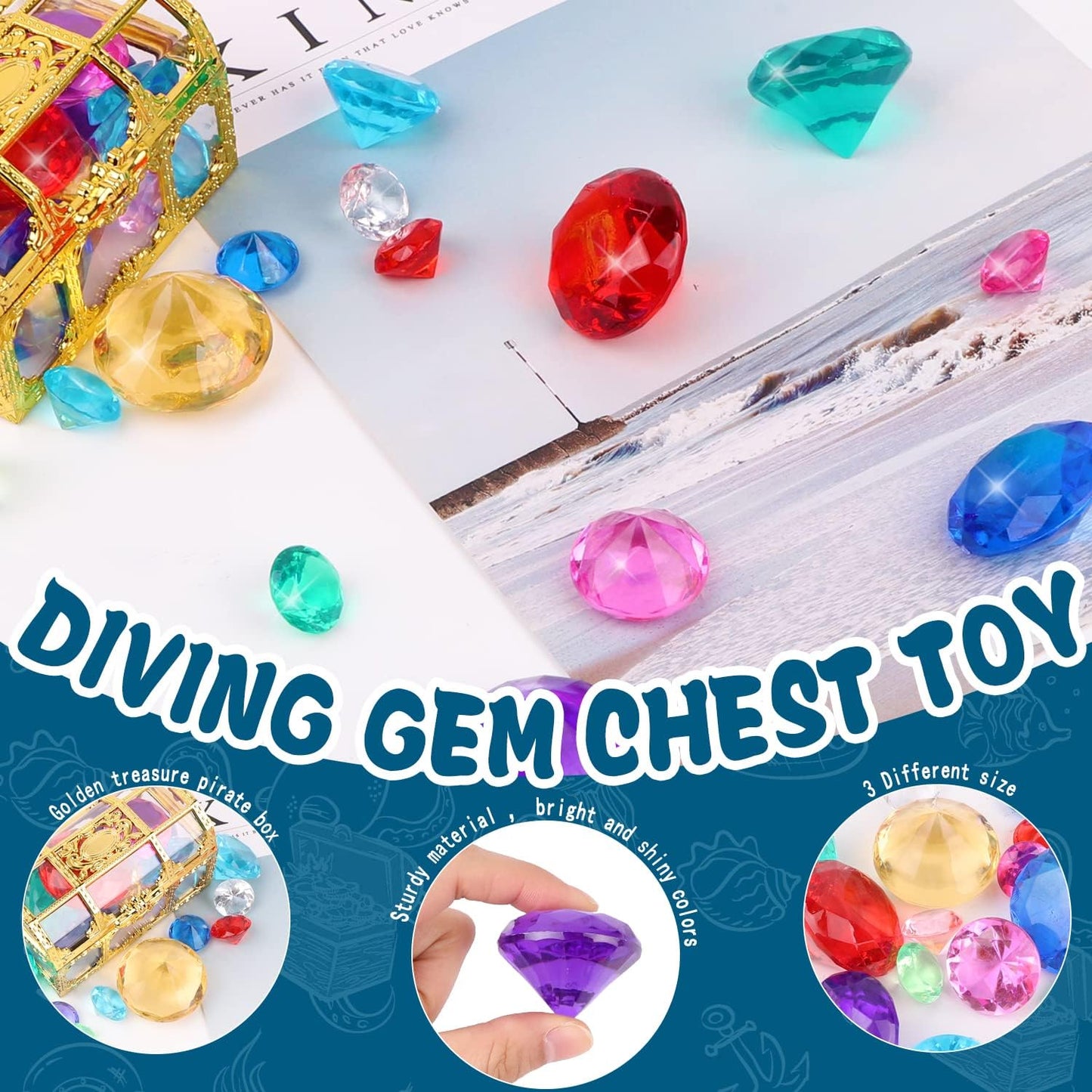 Diving Gem Pool Toys 10 Colorful Big Diamond Gem with Treasure Pirate Chest Box Summer Underwater Acrylic Gemstones Set for Kids Swimming Pool Party Favors