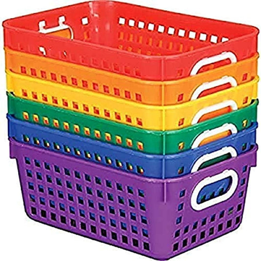 Plastic Book Storage Baskets for Classroom or Home Use - Rainbow Colors - 11" X 7.5" (Set of 6) Office Organization, Toy Bins