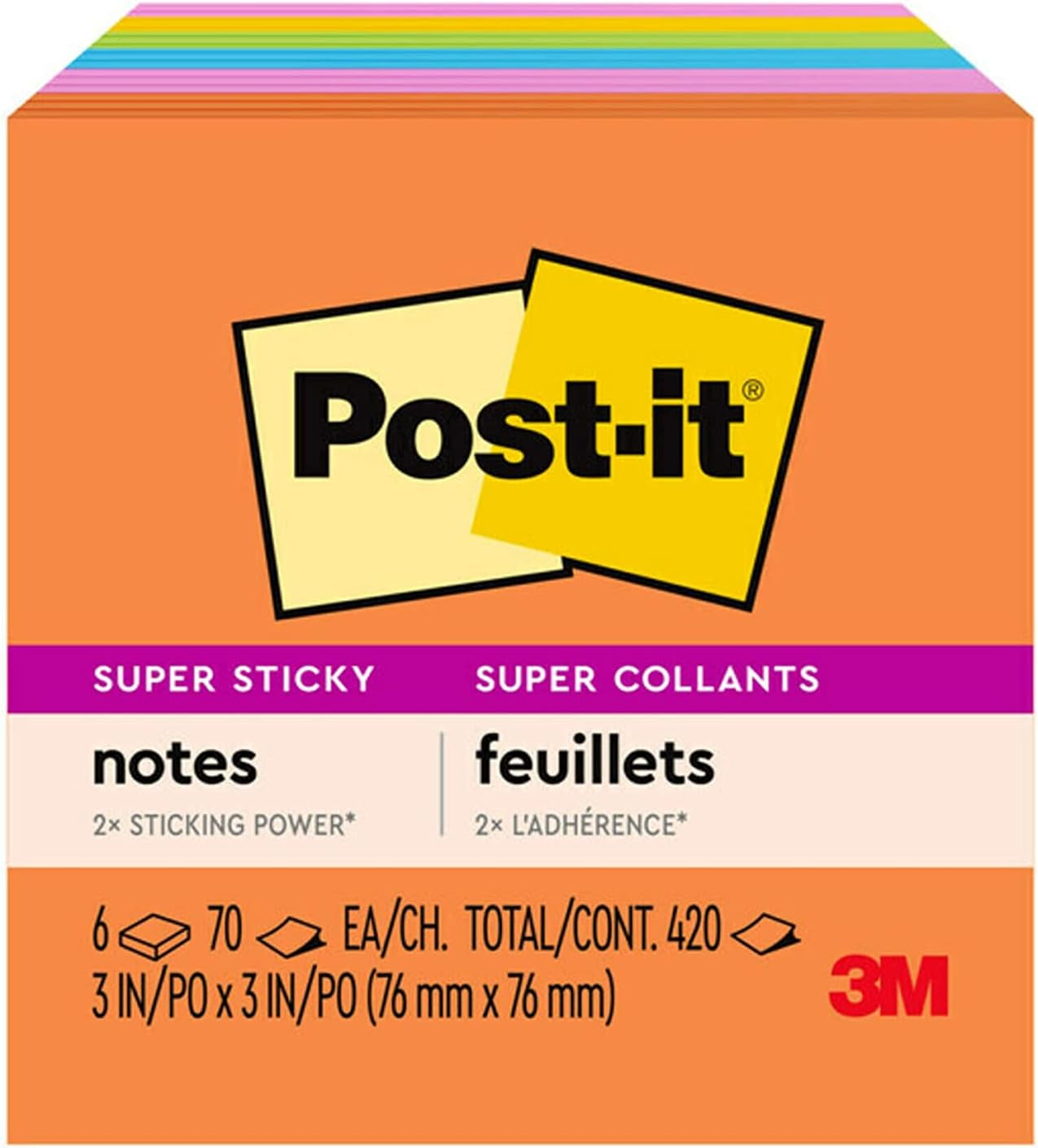 Super Sticky Notes, 3X3 In, 6 Pads, 2X the Sticking Power, Energy Boost Collection, Bright Colors (Orange, Pink, Blue, Green,Yellow),Recyclable (654-6SSAU)