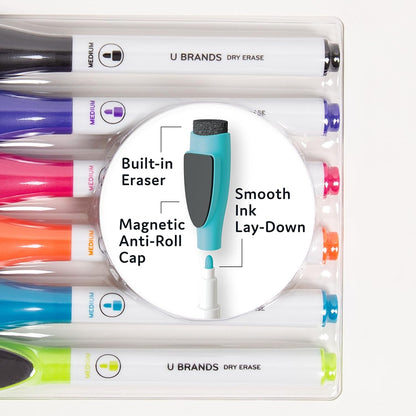 Magnetic Dry Erase Markers with Erasers, Set of 6, Assorted Colors, Low-Odor, Medium (2 Mm) Point