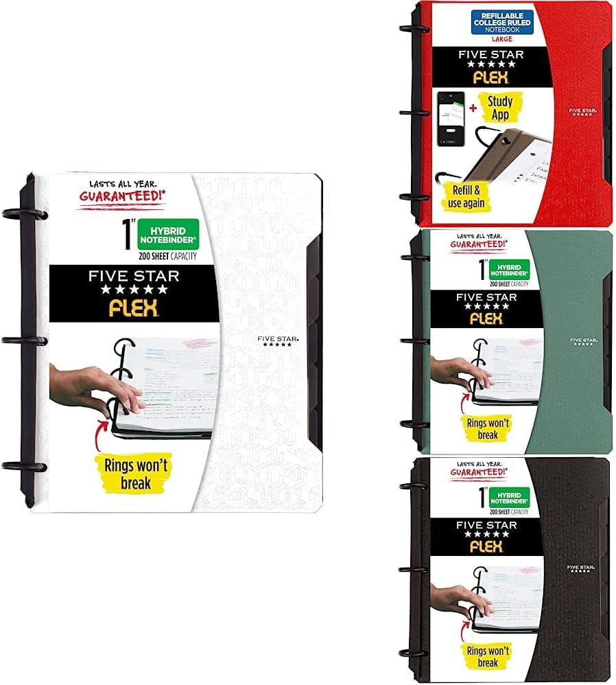 Bundle : Flex Hybrid Notebinders 4 Pack, 1 Inch Binders, Notebook and Binder All-In-One, Black, White, Red, & Green (29328AE2)