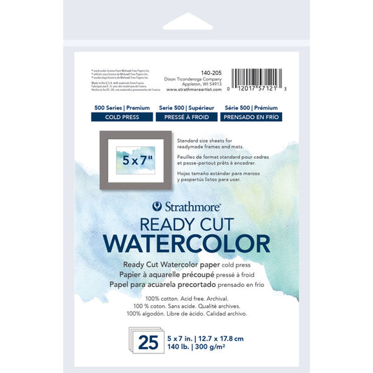 500 Series Ready Cut Watercolor Paper Pack, Cold Press, 5x7 inch, 25 Sheets