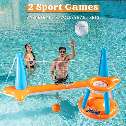 Inflatable Pool Float Set Volleyball Net & Basketball Hoops, Floating Swimming Game Toy for Kids and Adults, Summer Floaties, Volleyball Court (105”X28”X35”)|Basketball (27”X23”X27”),L-Orange