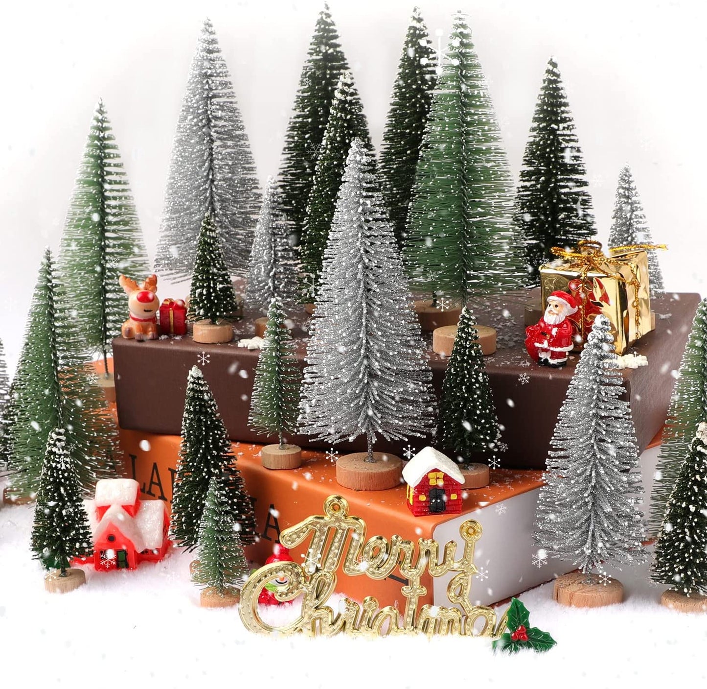 30Pcs Christmas Decorations Mini Christmas Trees, Artificial Christmas Tree Bottle Brush Trees with Wooden Base for Christmas Decor Christmas Party Home Table Craft