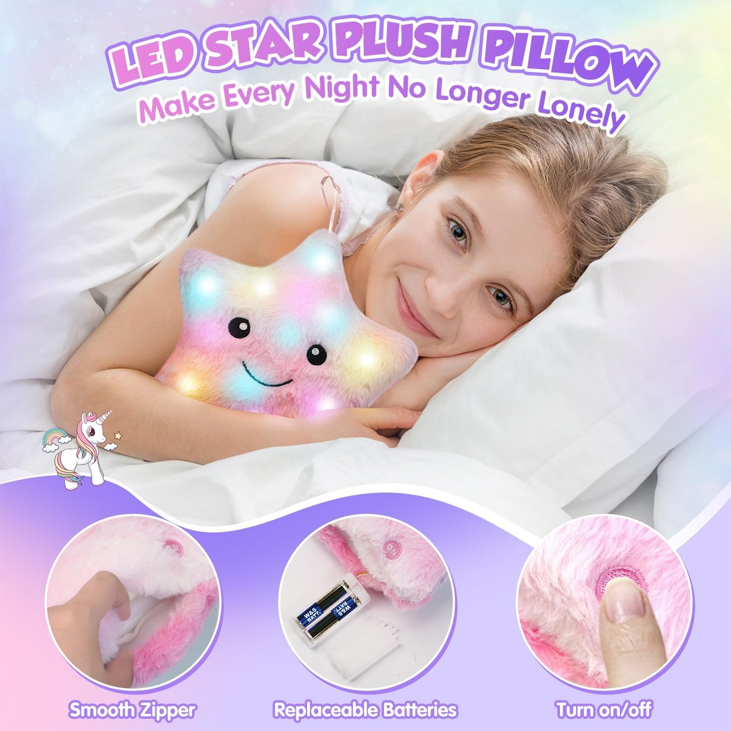 Unicorn Gifts for Girls 4 5 6 7 8 9 10+ Years Old, Kids Unicorns Toys with Light up Plush Star Pillow/Diary/Headband/Eye Mask/Water Bottle, Soft Plush Toys Set for Birthday Gift Christmas