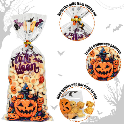 150 Pcs Halloween Cellophane Treat Bags, Halloween Trick or Treat Goodie Bags with 170 Pcs Twists for Snacks Cookies Packing (10.8 X 4.9 Inches)