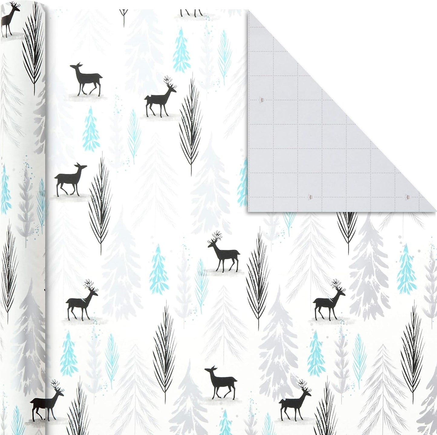 Christmas Wrapping Paper Bundle with Cutlines on Reverse (3 Rolls: 80 Sq. Ft. Ttl) Teal and Silver, Elegant Woodland with Deer, Holographic Pinecones