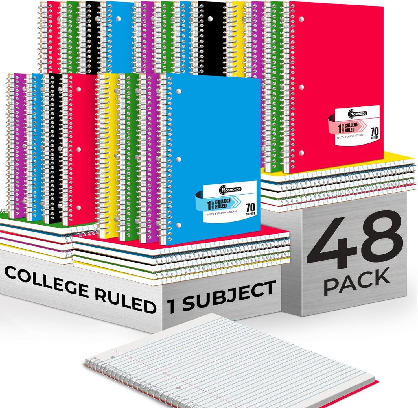 Spiral Notebook, 12 Pack, 1 Subject, College Ruled, 70 Sheets, 8 X 10-1/2", 3 Hole Punched, Bulk College Ruled Spiral Notebook for School, Single Subject Spiral Notebook Bulk, Assorted Colors