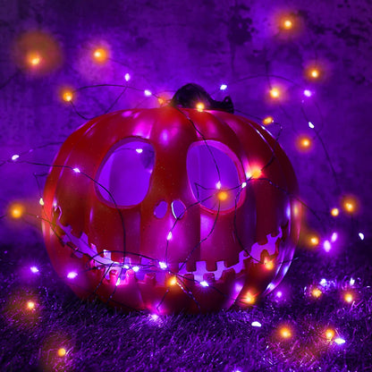 2 Pack Halloween Solar Lights, 33Ft 100LED Orange Purple Halloween Fairy Lights Waterproof 8 Modes Twinkle Lights Outdoor for Halloween Party DIY Decoration Black Wire