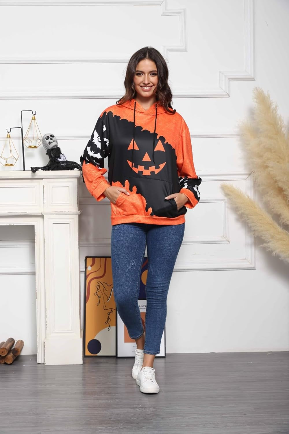 Halloween Hoodie for Women 2024 Scary Pumpkin Printed Long Sleeve Sweatshirts Pullover Cute Costumes with Pockets