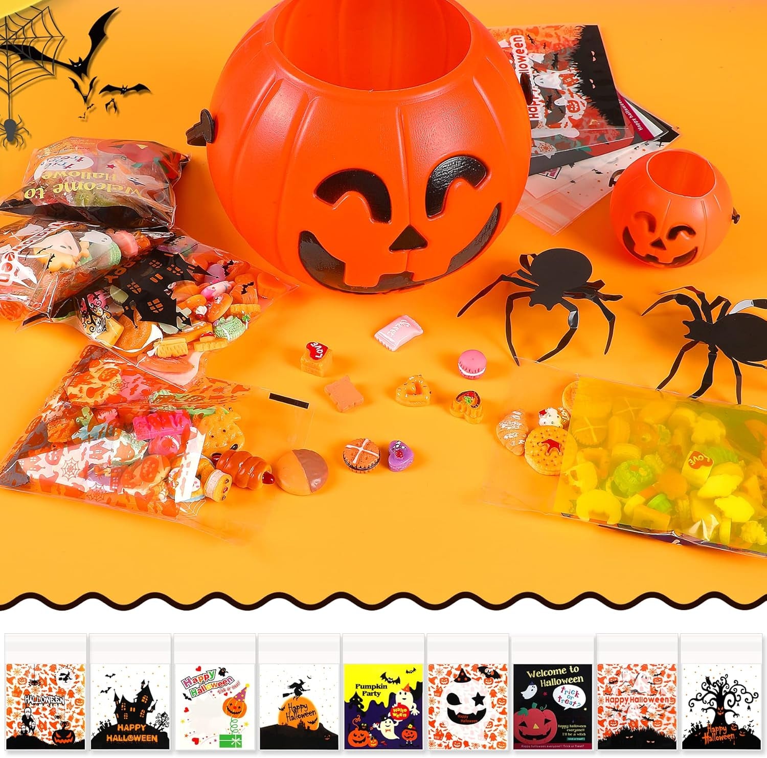 450Pcs Halloween Candy Bags, 9 Styles Self Adhesive Trick Candy Bag Cellophane Cookie Bags for Halloween Trick or Treat Goodie Ziplock Bags Party Favor