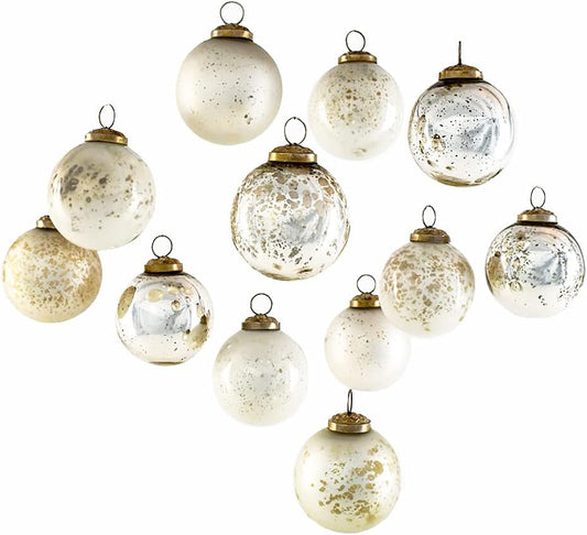 12Pcs Vintage Style White & Silver Mercury Glass Ornament Set for Christmas Tree, Christmas Decorations, Winter Wedding, Table Centerpiece, 2.5" Diameter