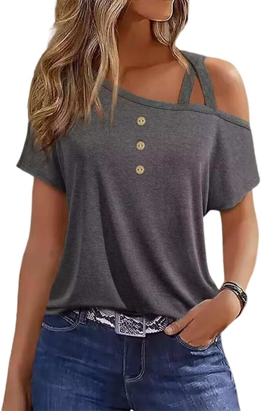 Criss-Cross One Shoulder Tops Sexy Cold Shoulder Shirts Summer Short Sleeve T-Shirts Vacation Loose Casual Tees