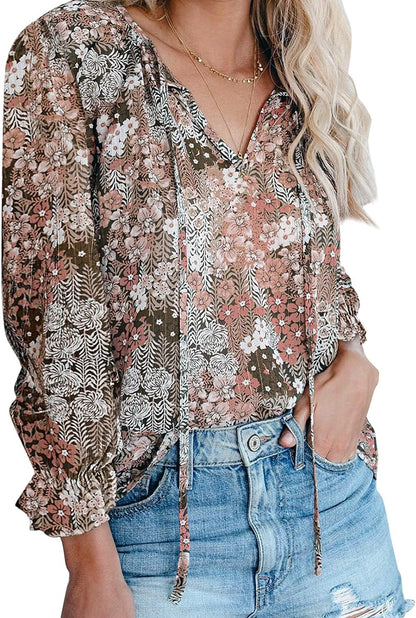 Women'S Casual Boho Floral Printed V Neck Tops Drawstring Short Long Sleeve T Shirt Blouses