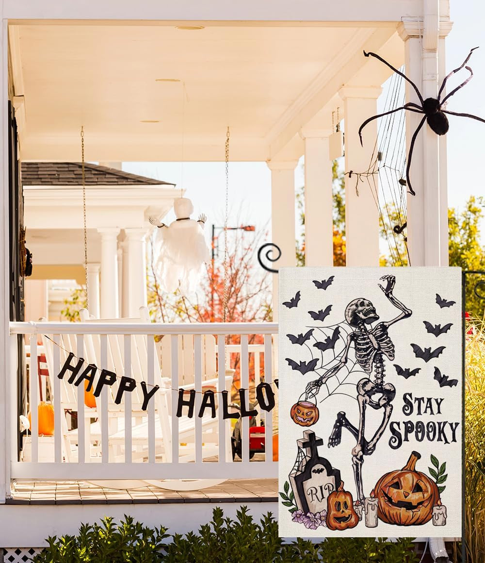 Halloween Garden Flags for outside Decoration, STAY SPOOKY Skeleton with Pumpkin Small Yard Flag for Outdoor Decor 12X18 Inch Vertical Double Sided