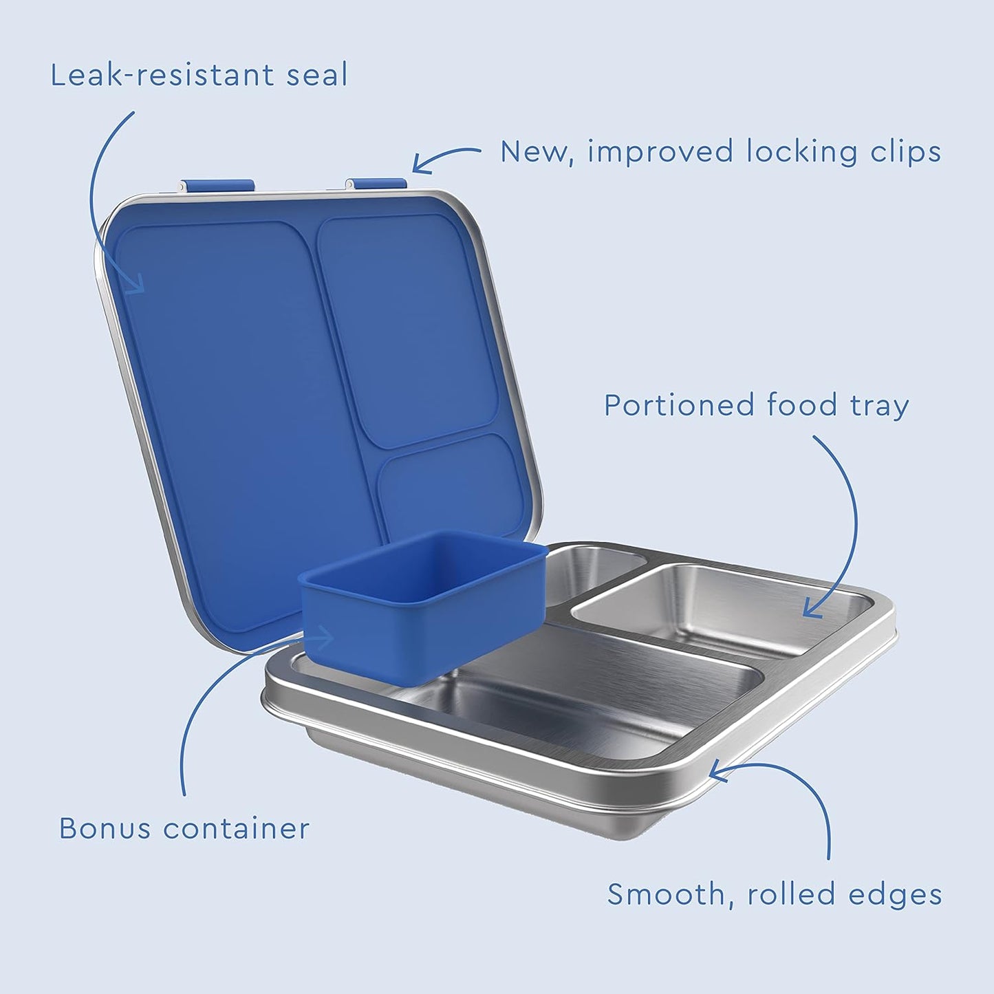 ® Kids Stainless Steel Leak-Resistant Lunch Box - Bento-Style Redesigned in 2022 W/Upgraded Latches, 3 Compartments, & Extra Container - Eco-Friendly, Dishwasher Safe, Patented Design (Blue)