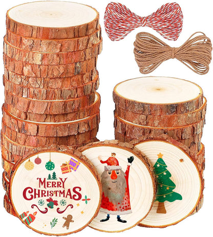 Natural Wood Slices, 30 Pcs 3.1"-3.5" Unfinished Wood Craft Kit, Predrilled Wooden Circles with Hole Crafts Christmas Ornaments DIY Crafts