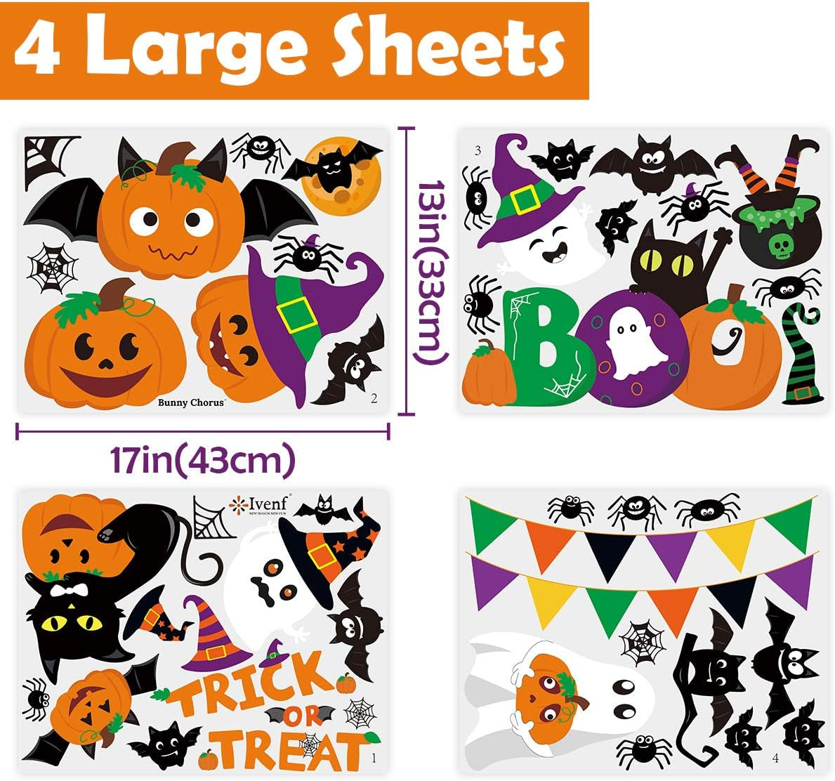 Halloween Decorations Indoor Window Clings Decor, Large Cute Pumpkin Ghost Black Cat Bat Trick or Treat Window Decals for Glass Windows, Kids School Home Office Party Window Stickers, 4 Sheets