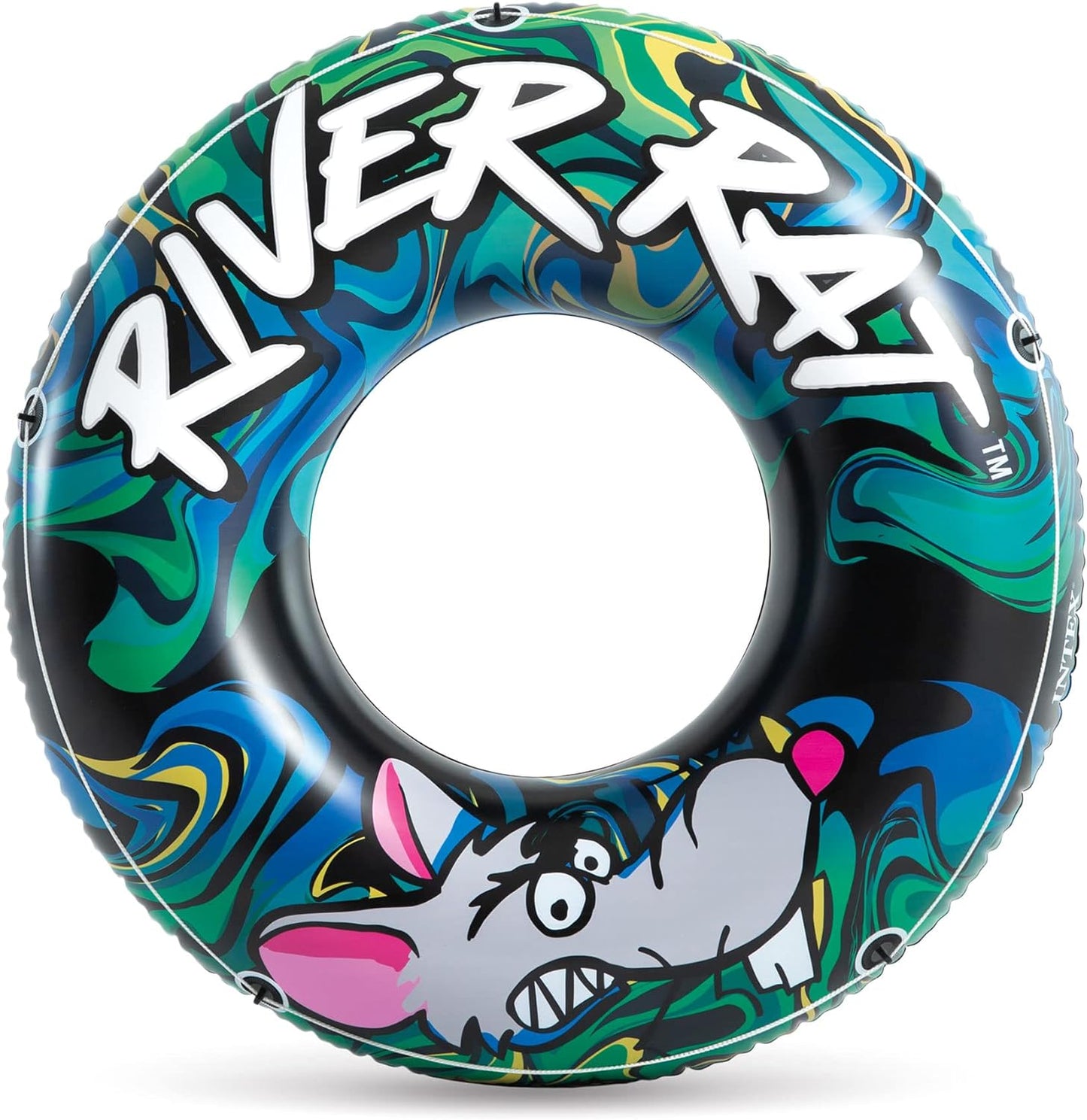 River Rat 48 Inch Inflatable Vinyl Towable Boat Floating Tube Raft for Swimming Pool and Lake in Green Rat or Graffiti Rat Design, Color Varies